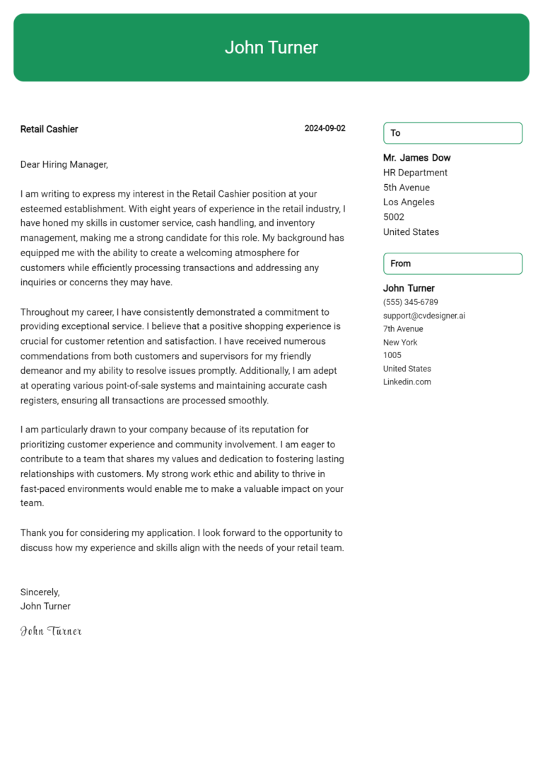 Retail Cashier Cover Letter Example for 2025 (Download Templates)