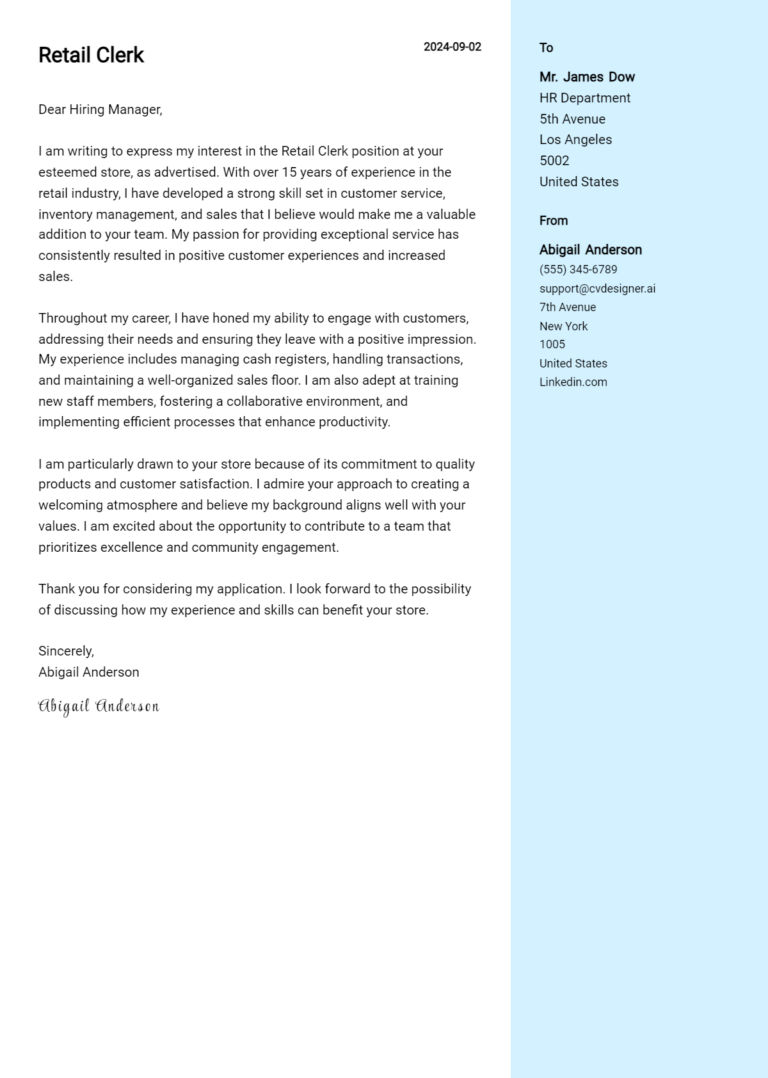 16 Retail Clerk Cover Letter Examples for 2025 (Free Templates)