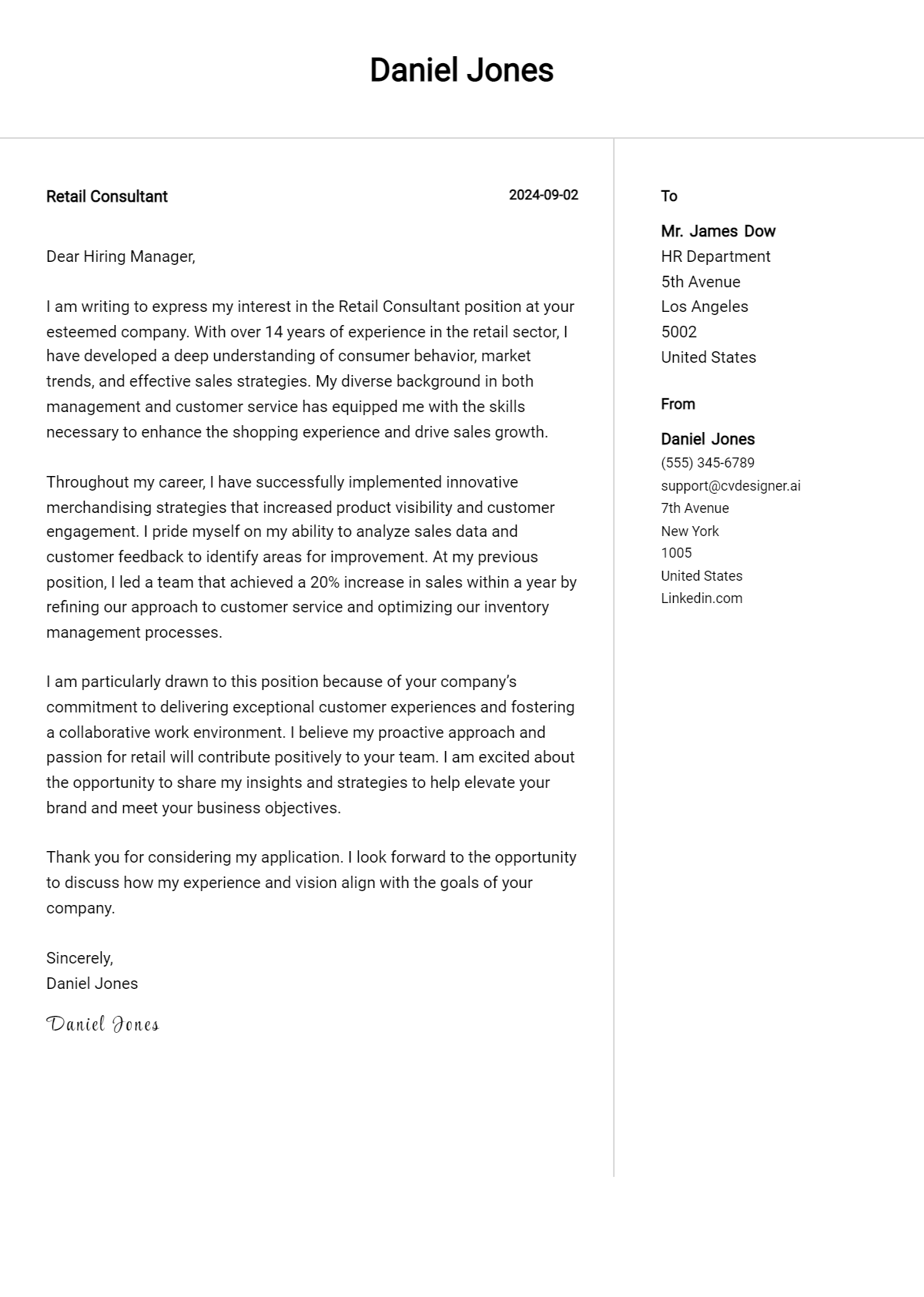 retail consultant cover letter example