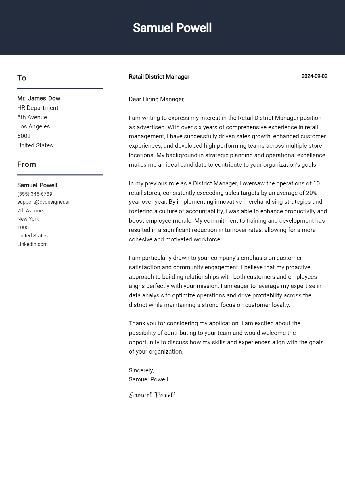 retail district manager cover letter example