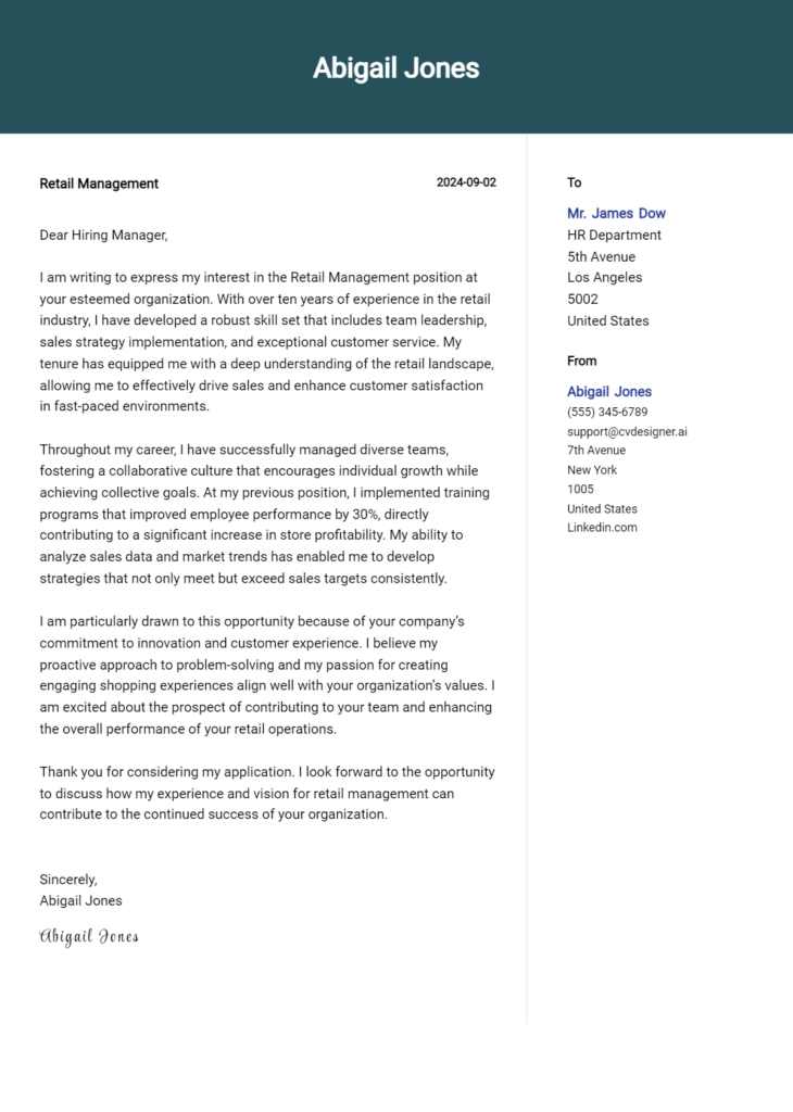 retail management cover letter example