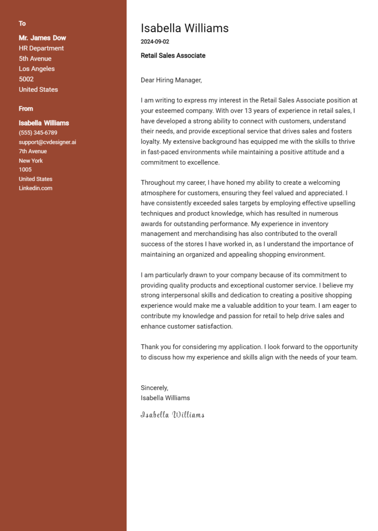 16 Retail Sales Associate Cover Letter Examples for 2025 (Download Templates)