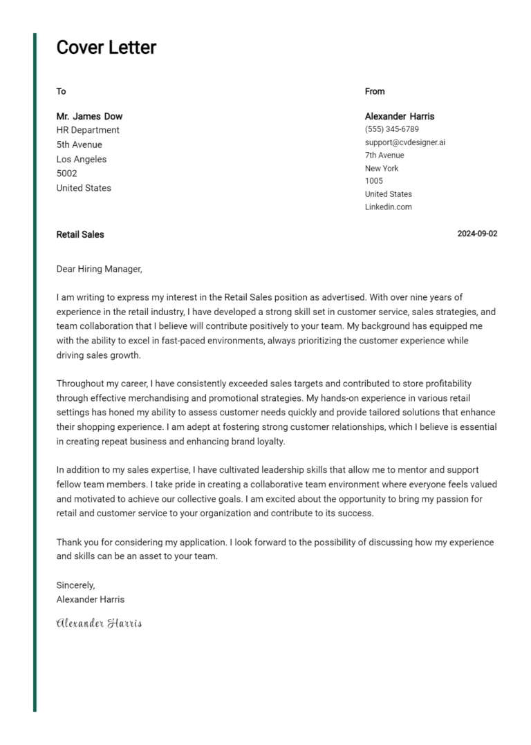 Retail Sales Cover Letter Examples with Writing Tips for 2025