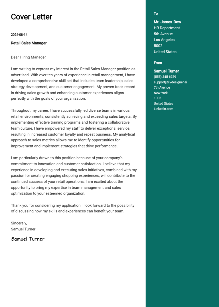 17 Retail Sales Manager Cover Letter Examples for 2025 (Download Templates)
