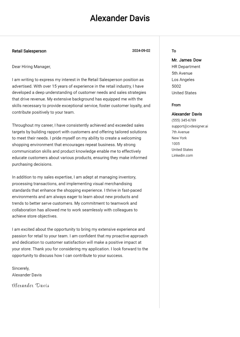 Retail Salesperson Cover Letter Example for 2025 (Complete Writing Guide)