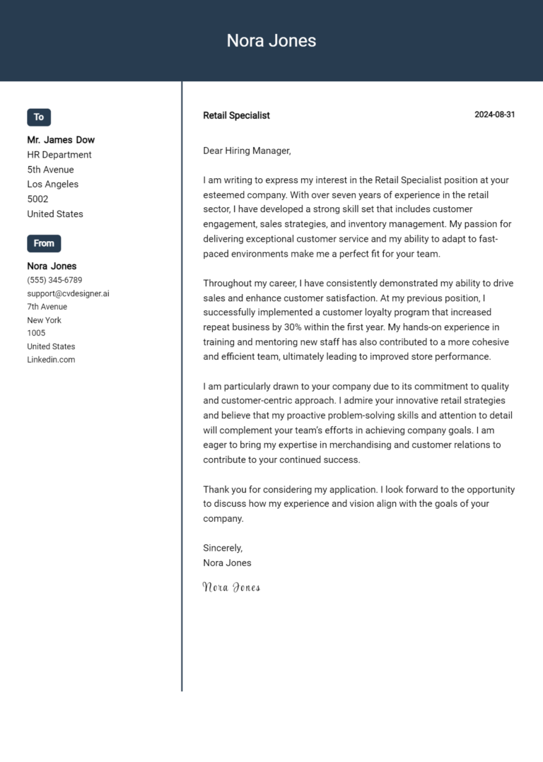 21 Retail Specialist Cover Letter Examples for 2025: Free Templates