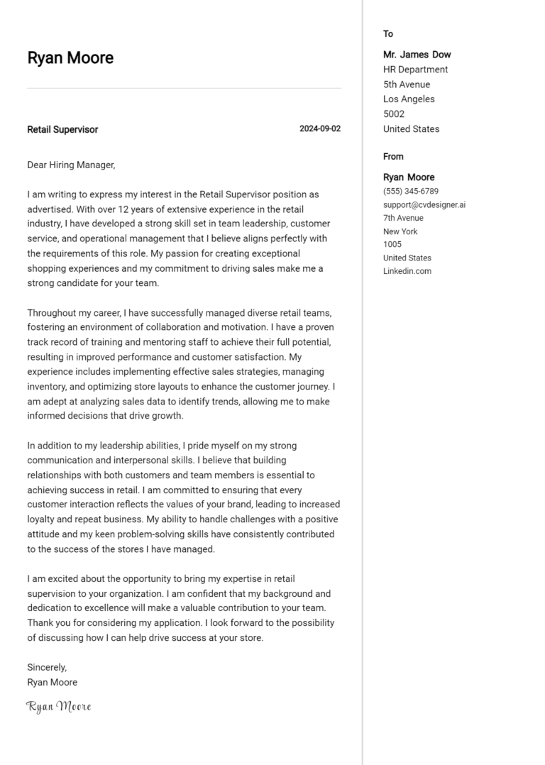 Retail Supervisor Cover Letter Example for 2025 (Writing Guide)