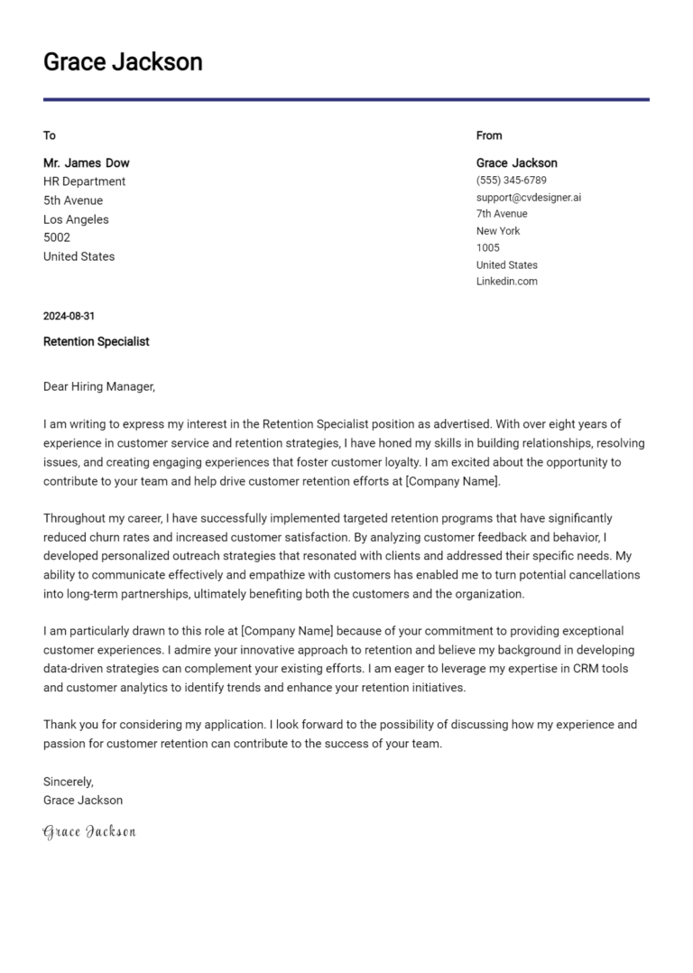 Retention Specialist Cover Letter Example for 2025: Top CV Skills