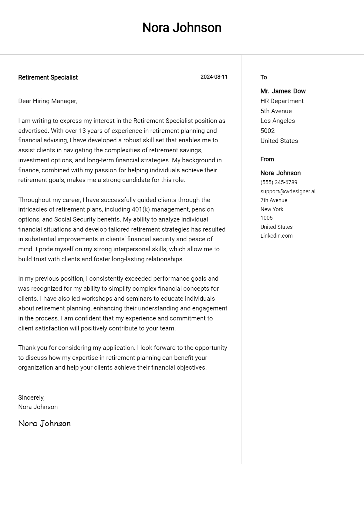 retirement specialist cover letter example