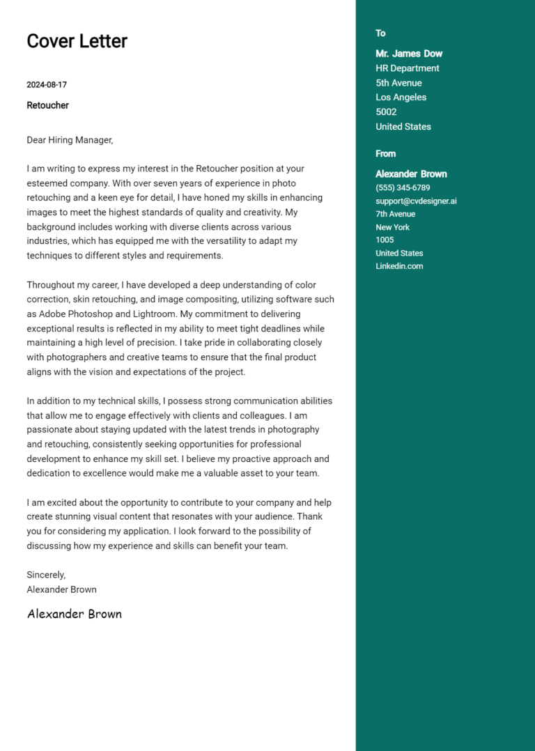 Retoucher Cover Letter Example for 2025: Tips & Templates