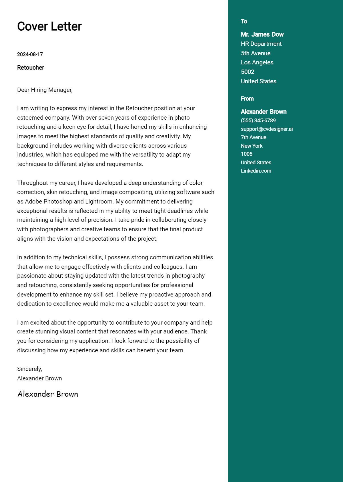 retoucher cover letter example