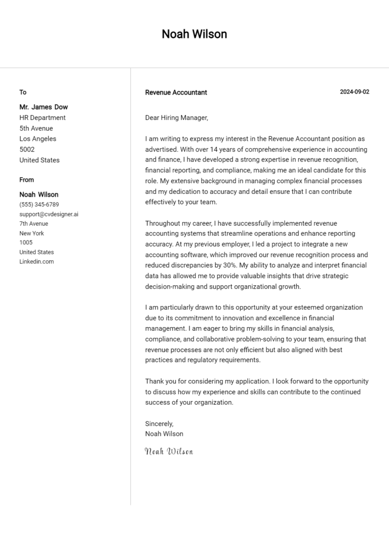 Revenue Accountant Cover Letter Example for 2025: Top CV Skills