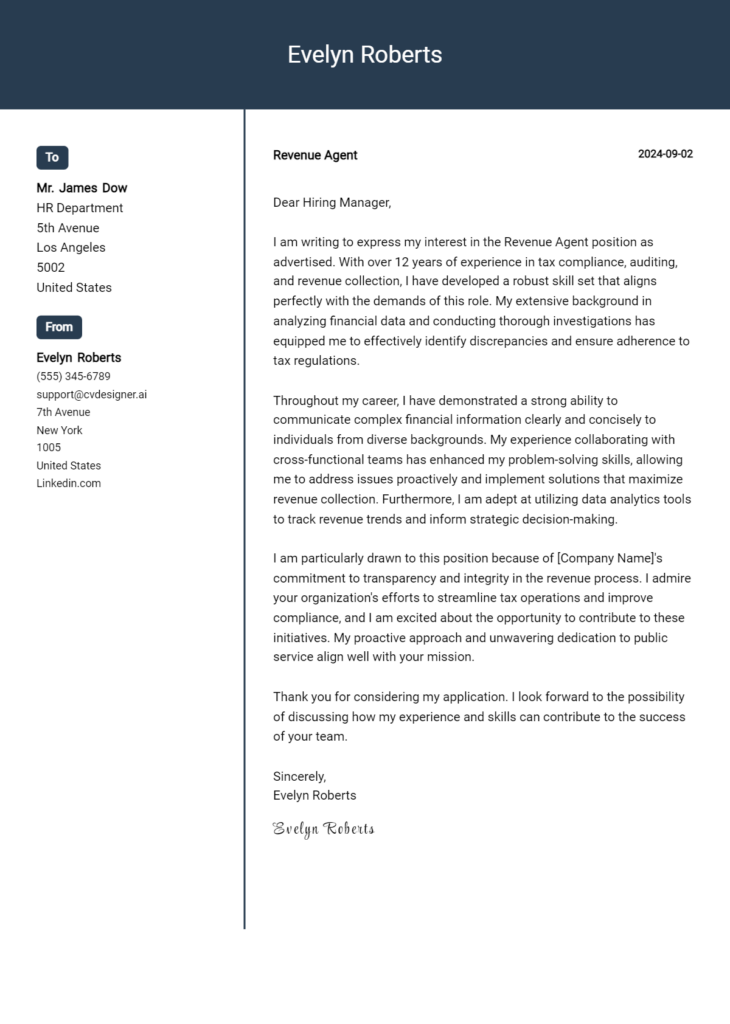 Revenue Agent Cover Letter Samples & Examples 2024 - CVDesigner.ai