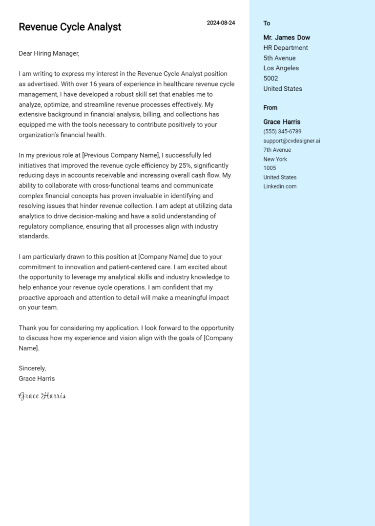 Revenue Cycle Analyst Cover Letter Example for 2025 (Writing Guide)