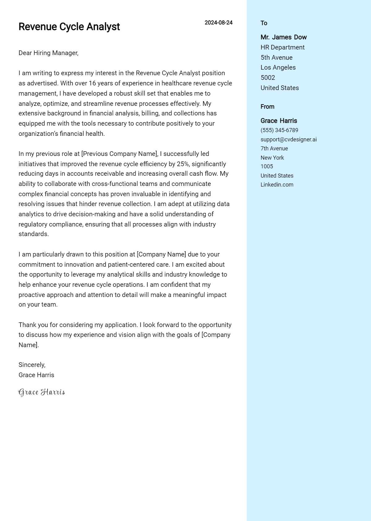 revenue cycle analyst cover letter example