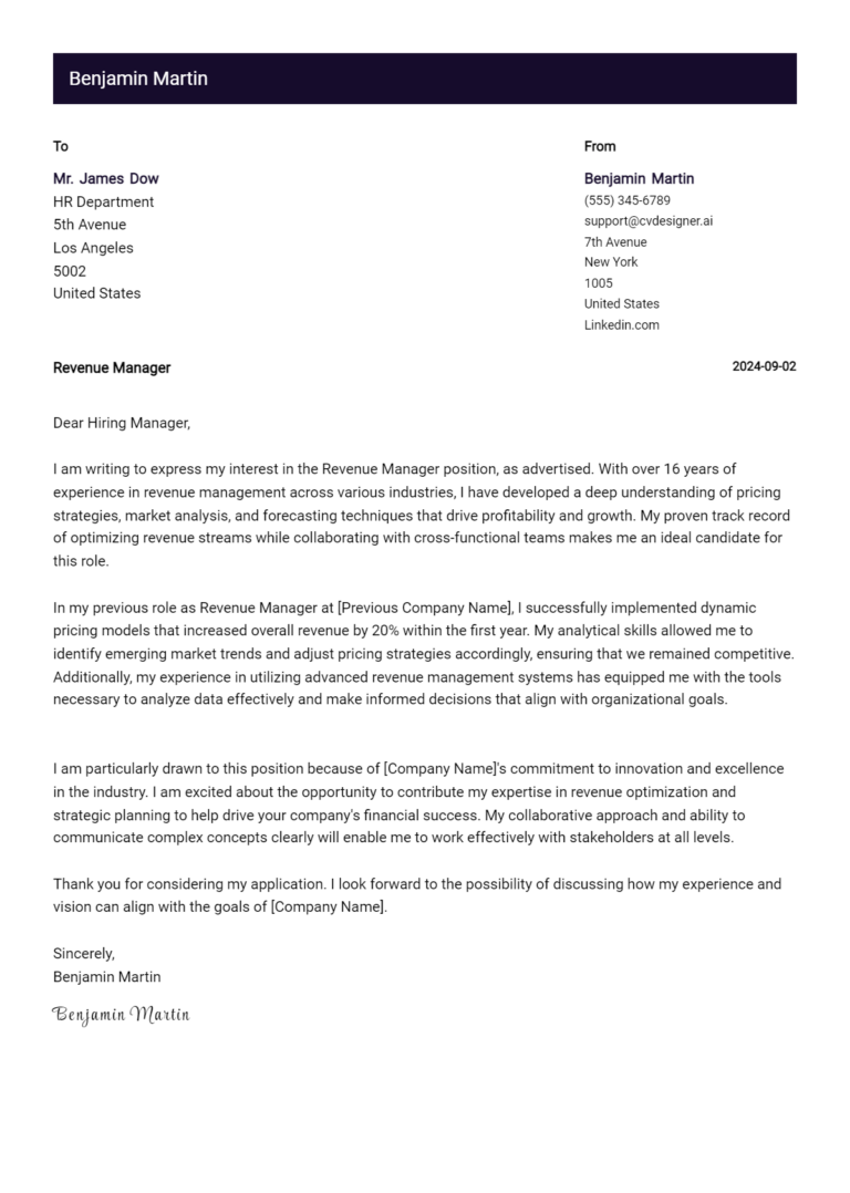 Revenue Manager Cover Letter Samples & Examples 2025