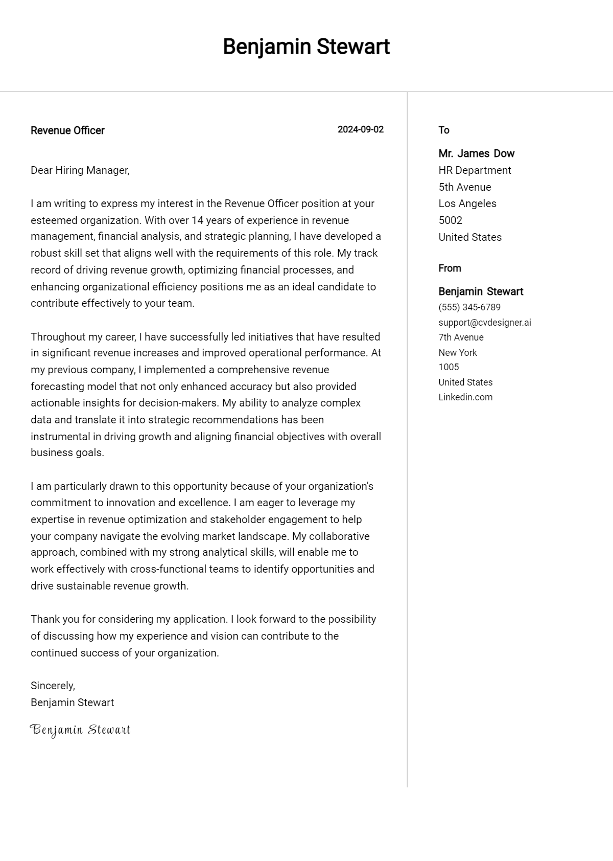 revenue officer cover letter example