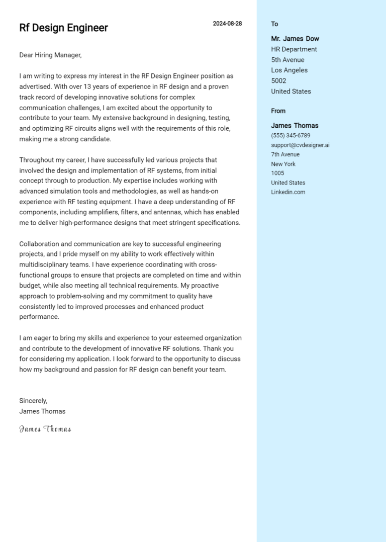 RF Design Engineer Cover Letter Samples & Examples 2025