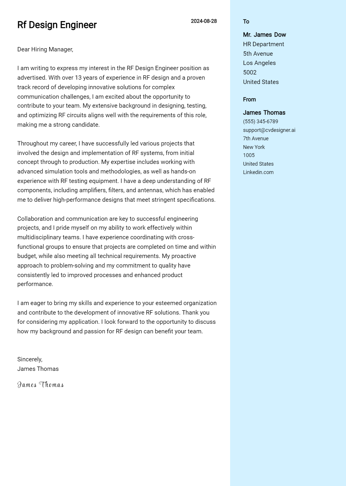 RF Design Engineer Cover Letter Samples & Examples 2024 - CVDesigner.ai