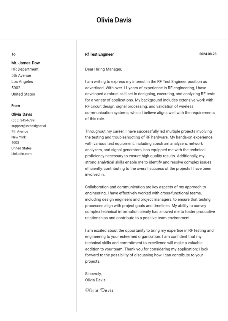 RF Test Engineer Cover Letter Examples for 2025 (Downloadable)