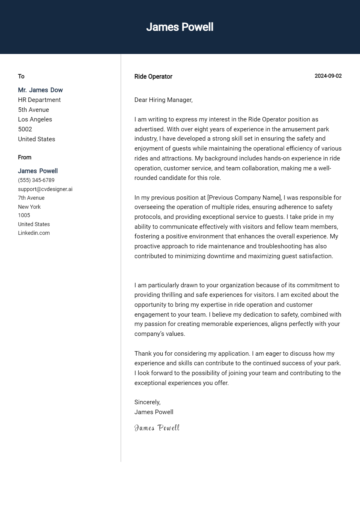ride operator cover letter example