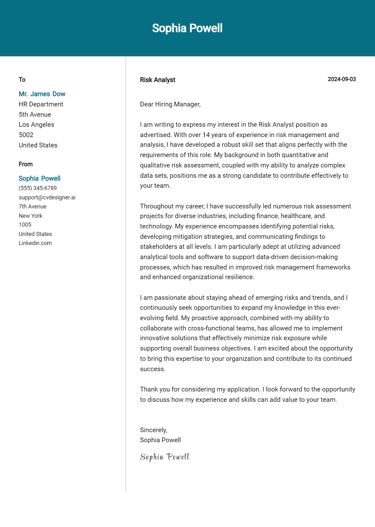 risk analyst cover letter example