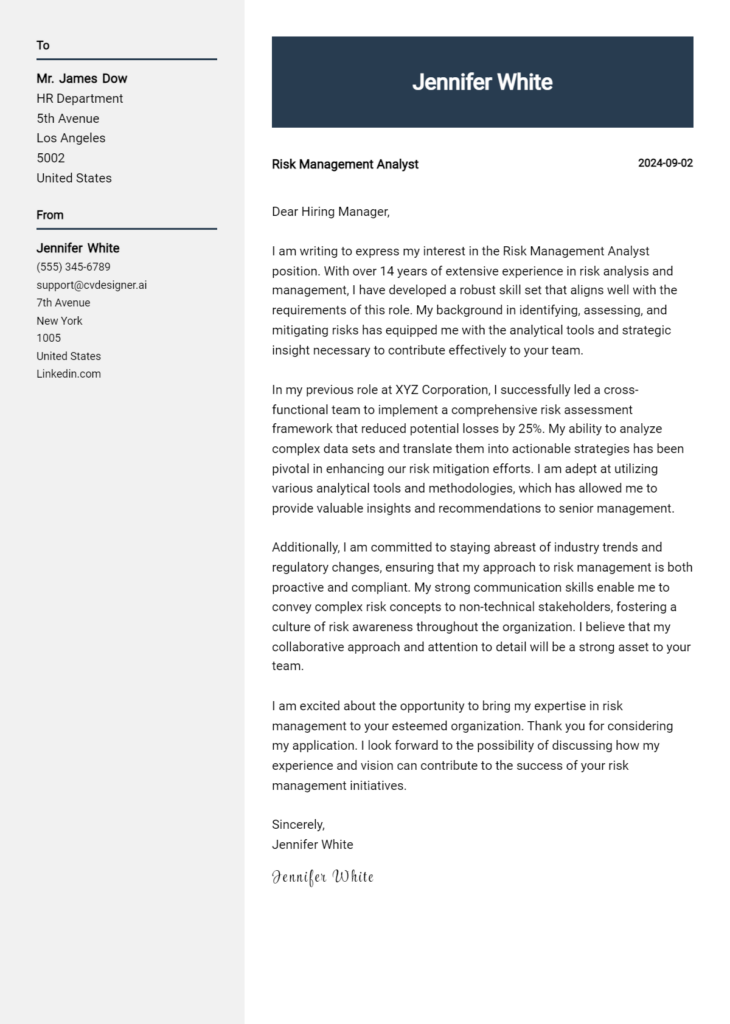 risk management analyst cover letter example