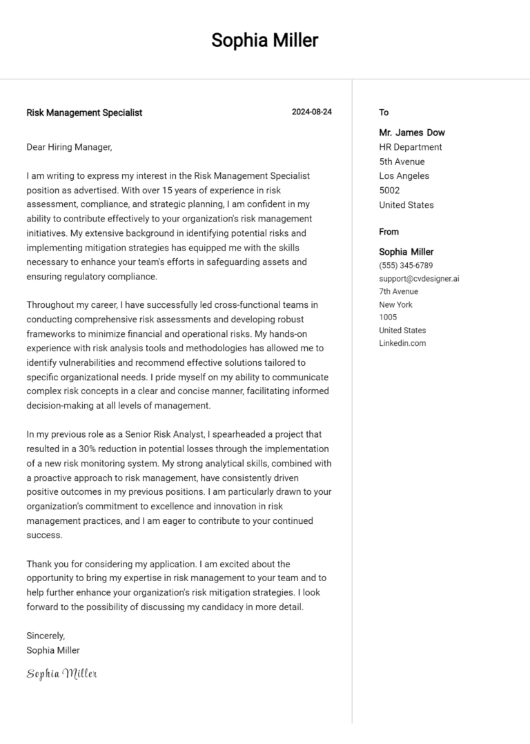 Risk Management Specialist Cover Letter Example for 2025: Top CV Skills