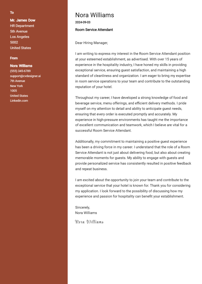 20 Room Service Attendant Cover Letter Example for 2025 (Free Templates)