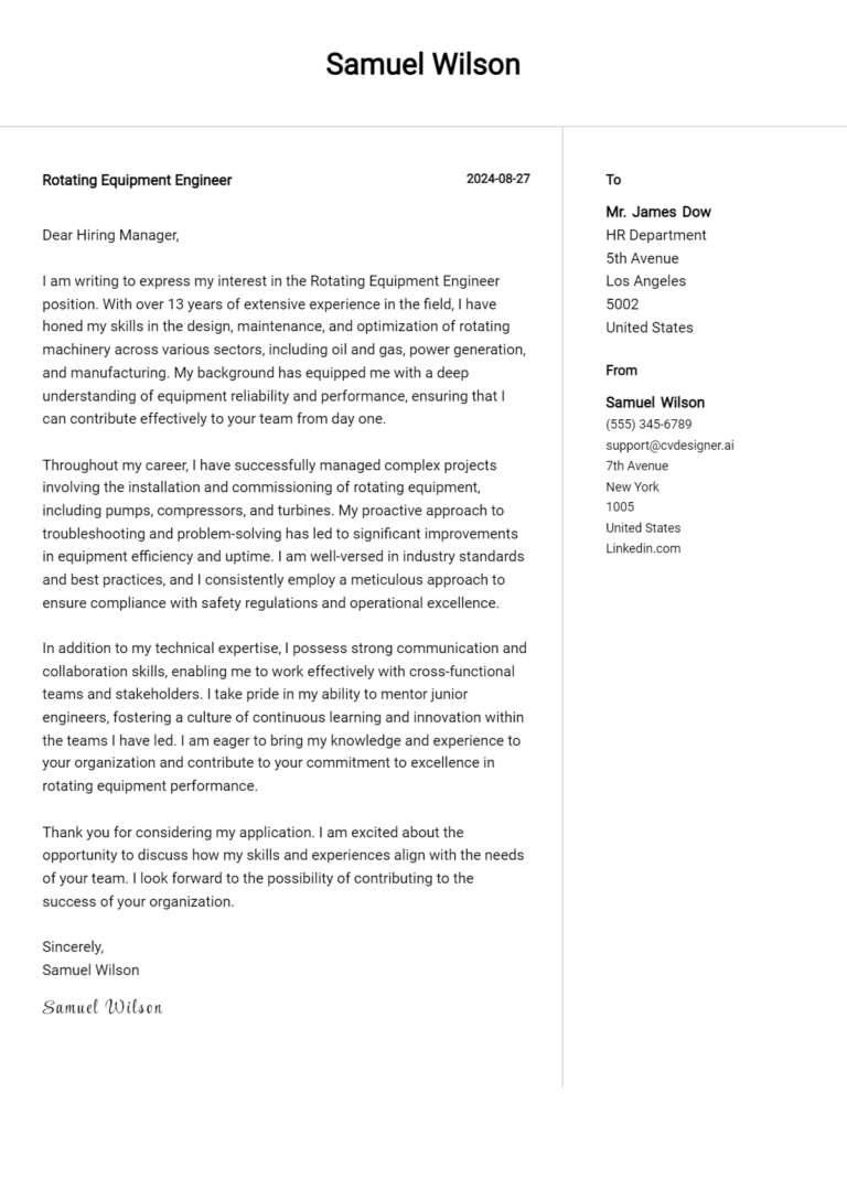 Rotating Equipment Engineer Cover Letter Example for 2025 (Writing Guide)
