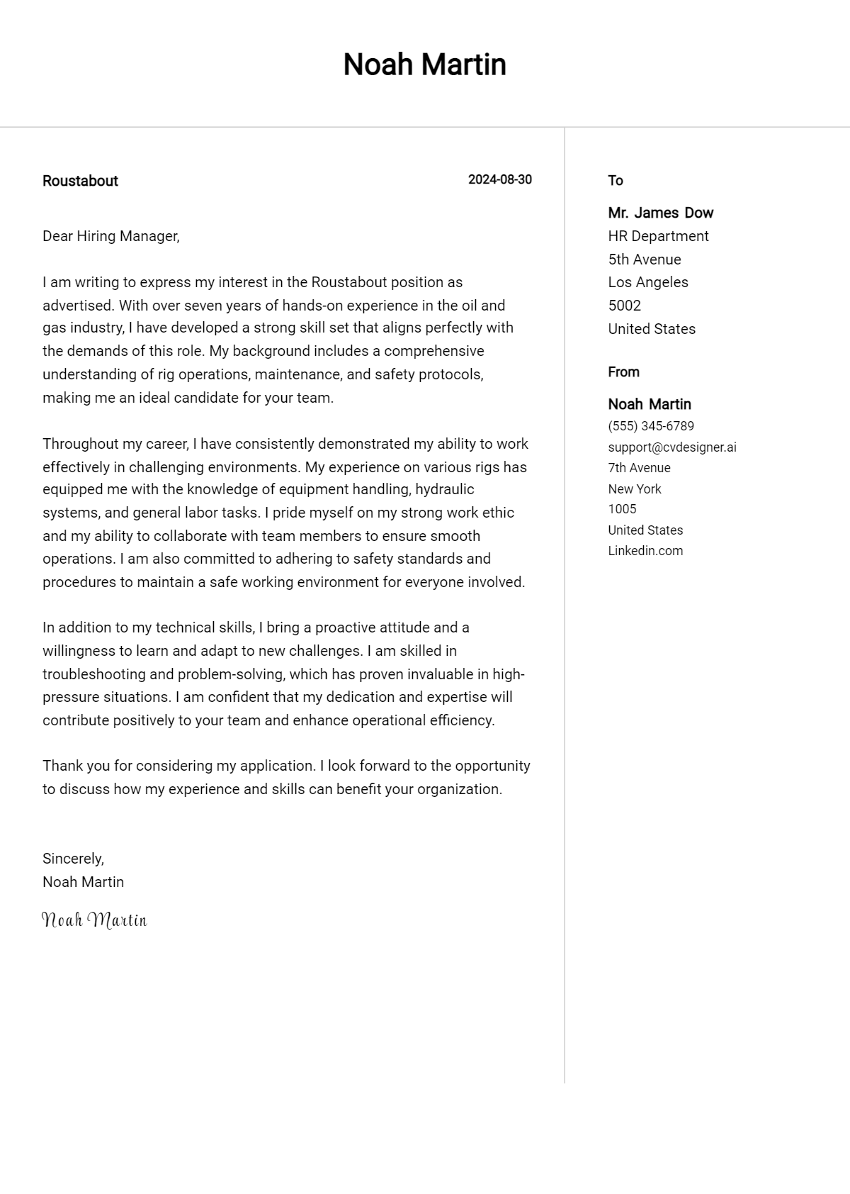 roustabout cover letter example