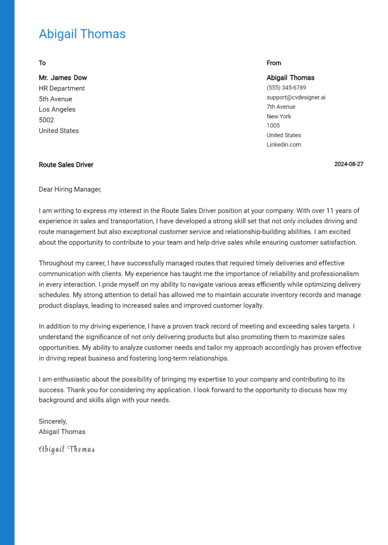 Route Sales Driver Cover Letter Example for 2025: Ultimate Guide