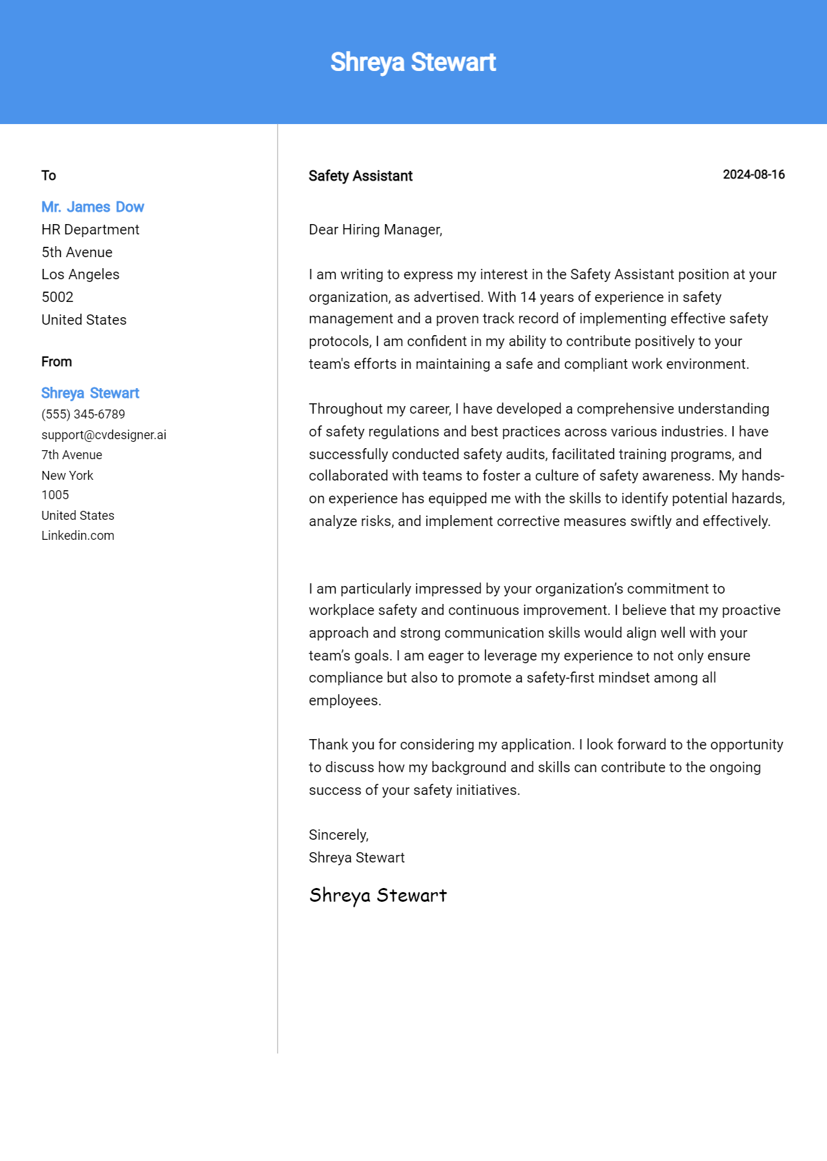 safety assistant cover letter example