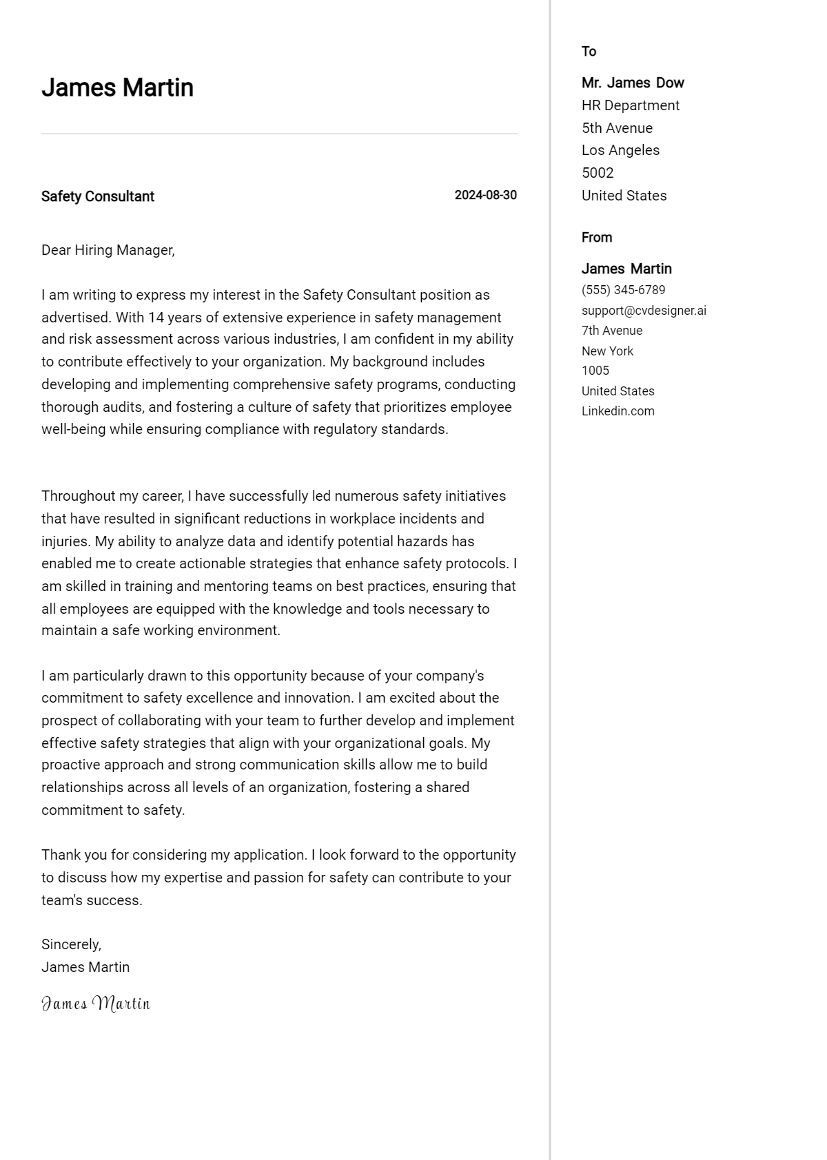 safety consultant cover letter example