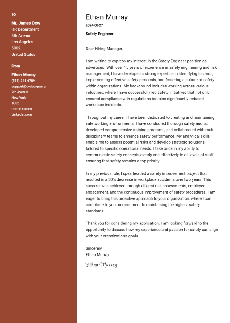 Safety Engineer Cover Letter Examples with Writing Tips for 2025
