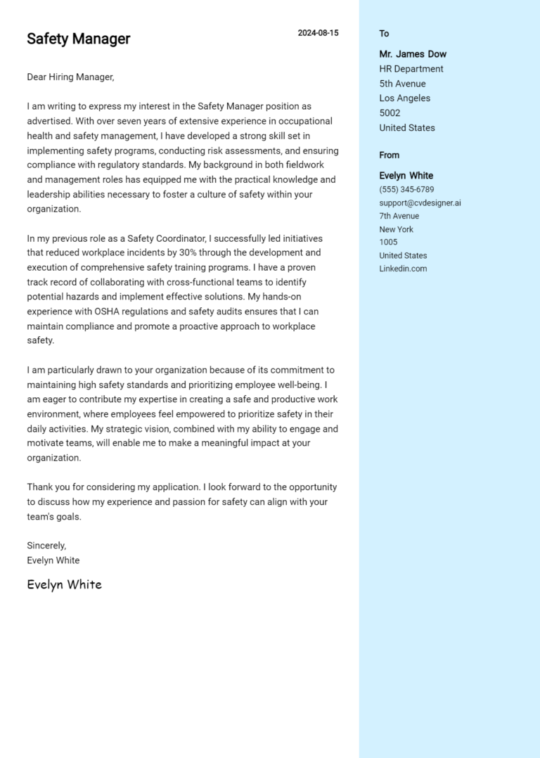 Safety Manager Cover Letter Examples & Samples for 2025
