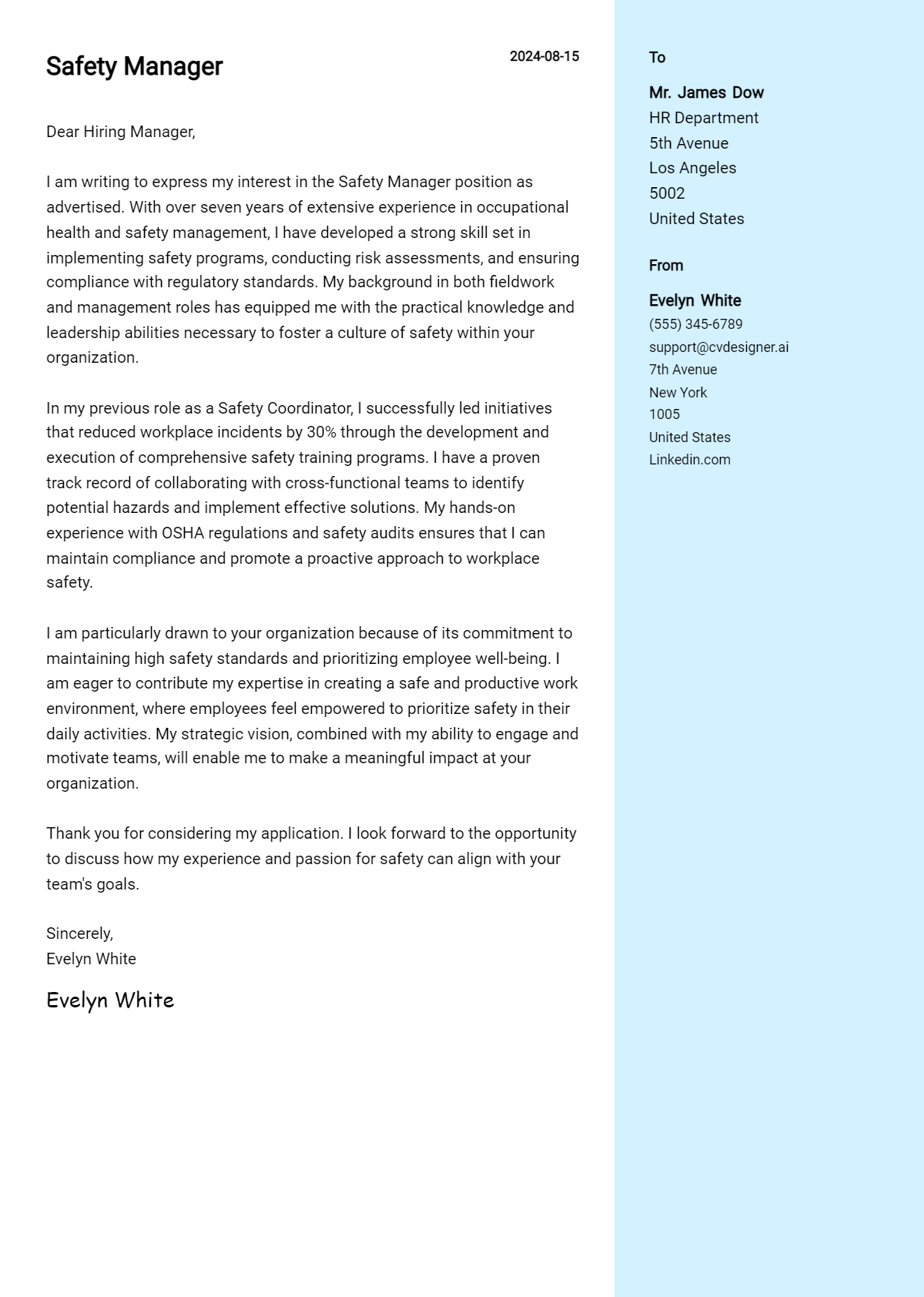 safety manager cover letter example