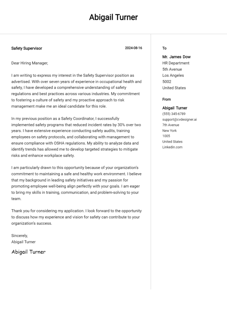 safety supervisor cover letter example