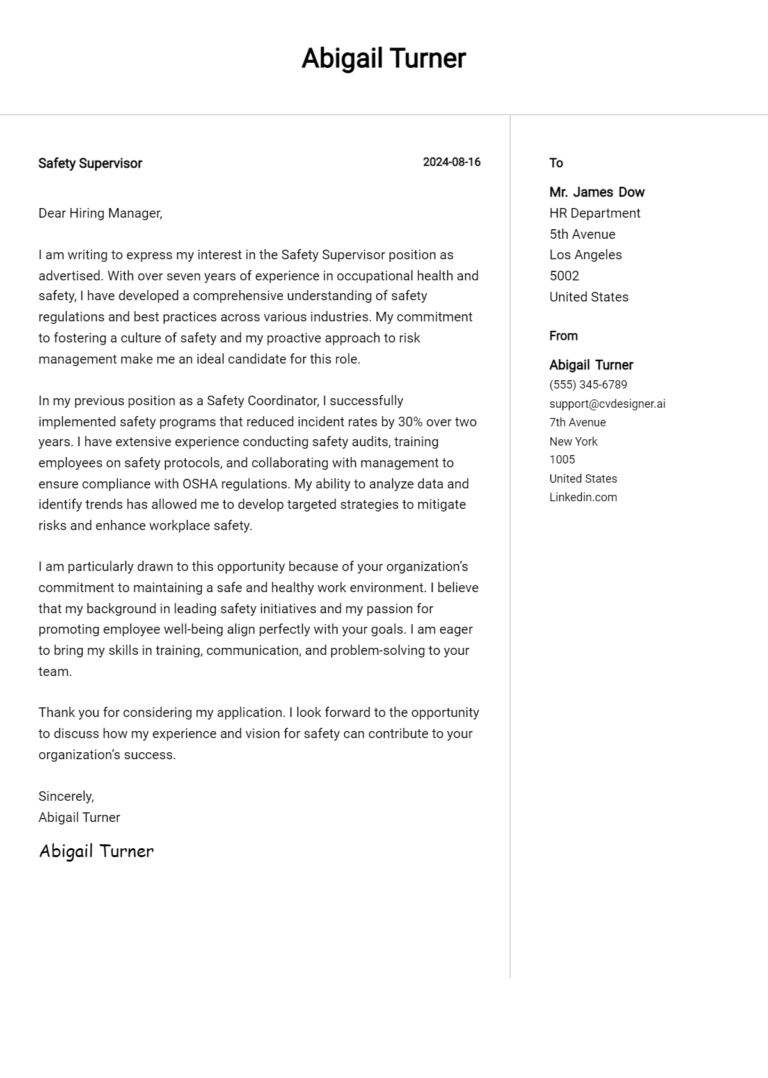 Safety Supervisor Cover Letter Examples for 2025 (Downloadable) 1 Safety Supervisor Cover Letter Examples for 2025 (Downloadable)