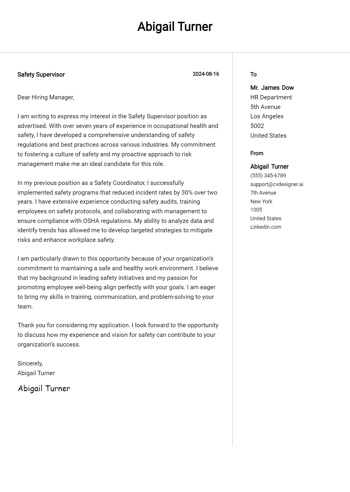 safety supervisor cover letter example