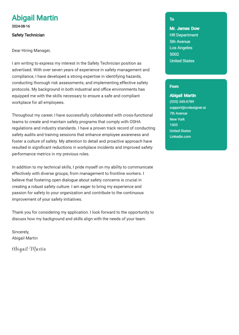 Safety Technician Cover Letter Example for 2025 (Writing Guide)