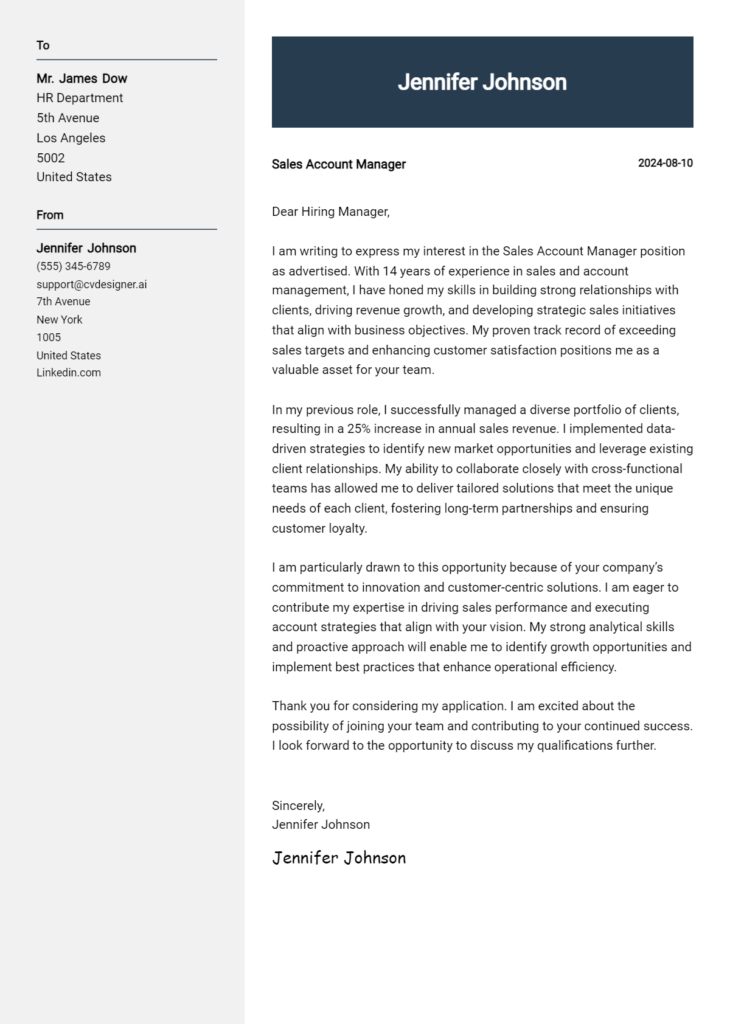 sales account manager cover letter example