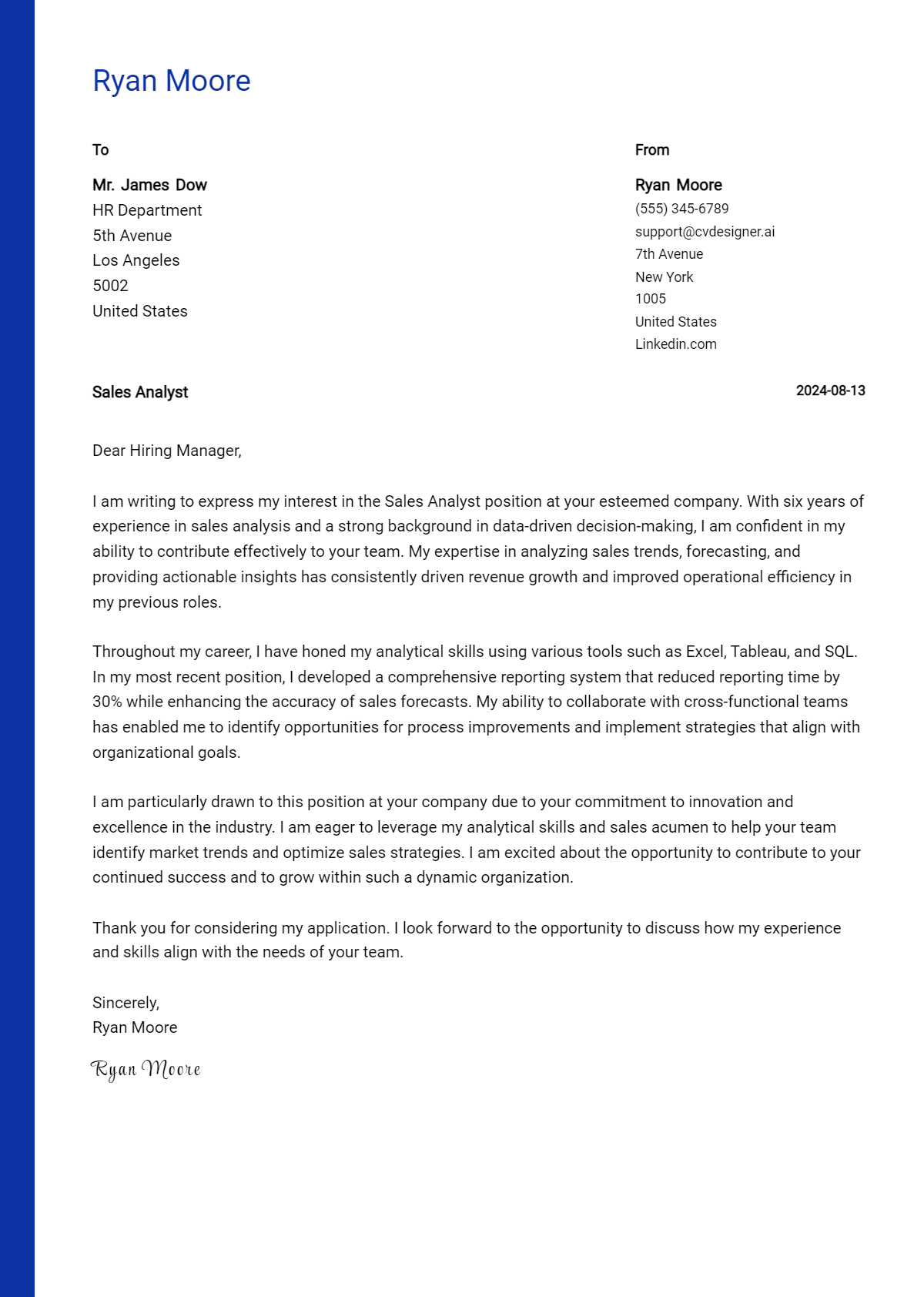 sales analyst cover letter example