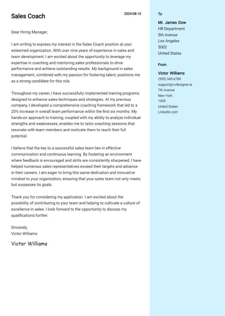 Sales Coach Cover Letter Examples and Templates for 2025