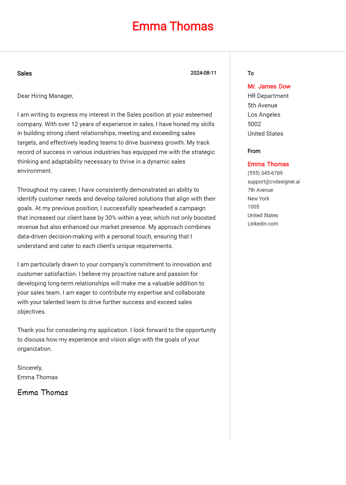 Sales Cover Letter Example For 2024 Free Templates CVDesigner Ai   Sales Cover Letter Example 