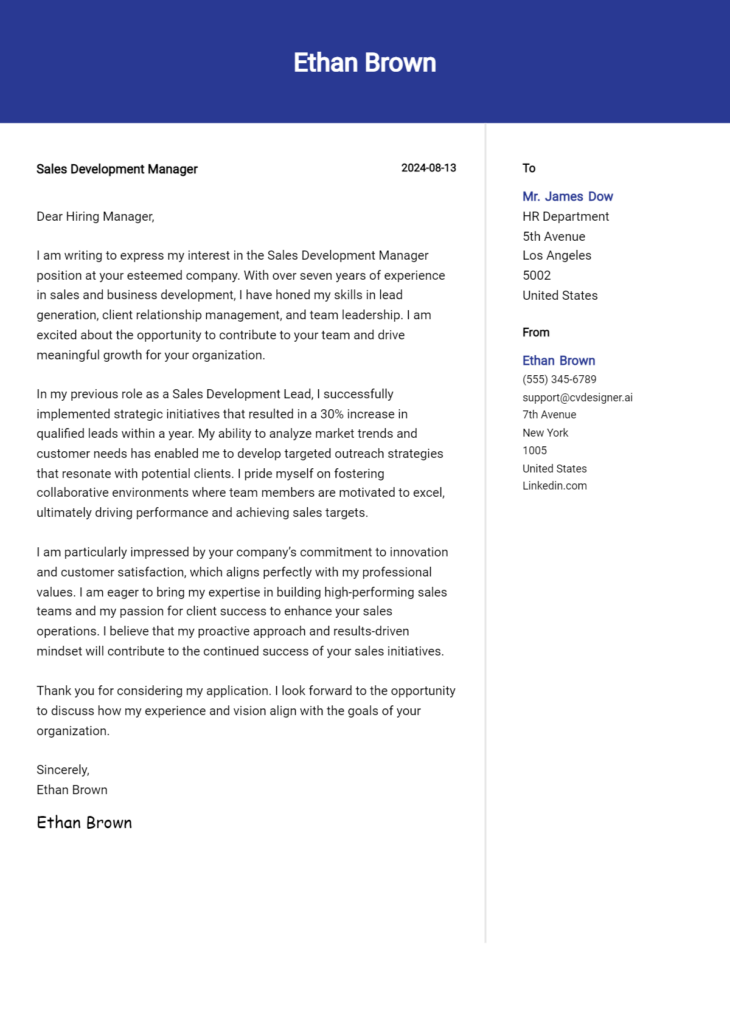 sales development manager cover letter example