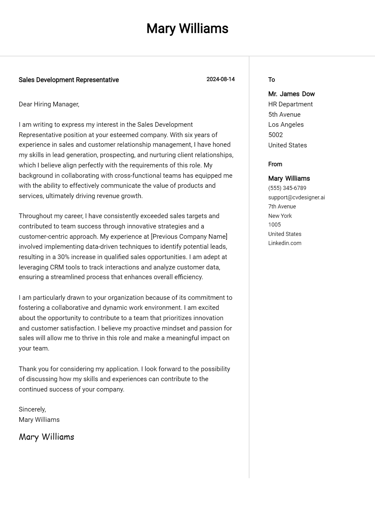 sales development representative cover letter example