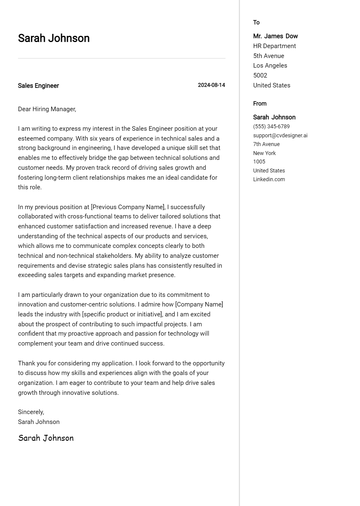 sales engineer cover letter example