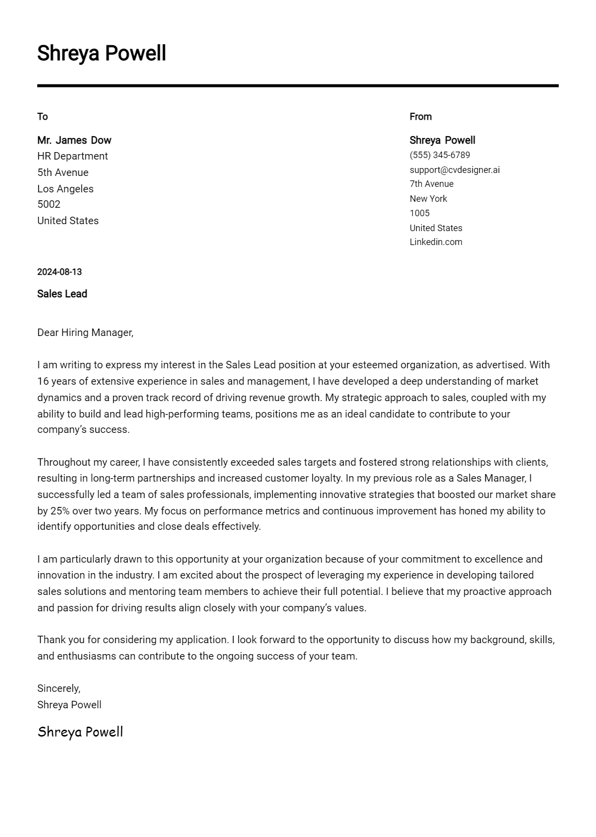 sales lead cover letter example