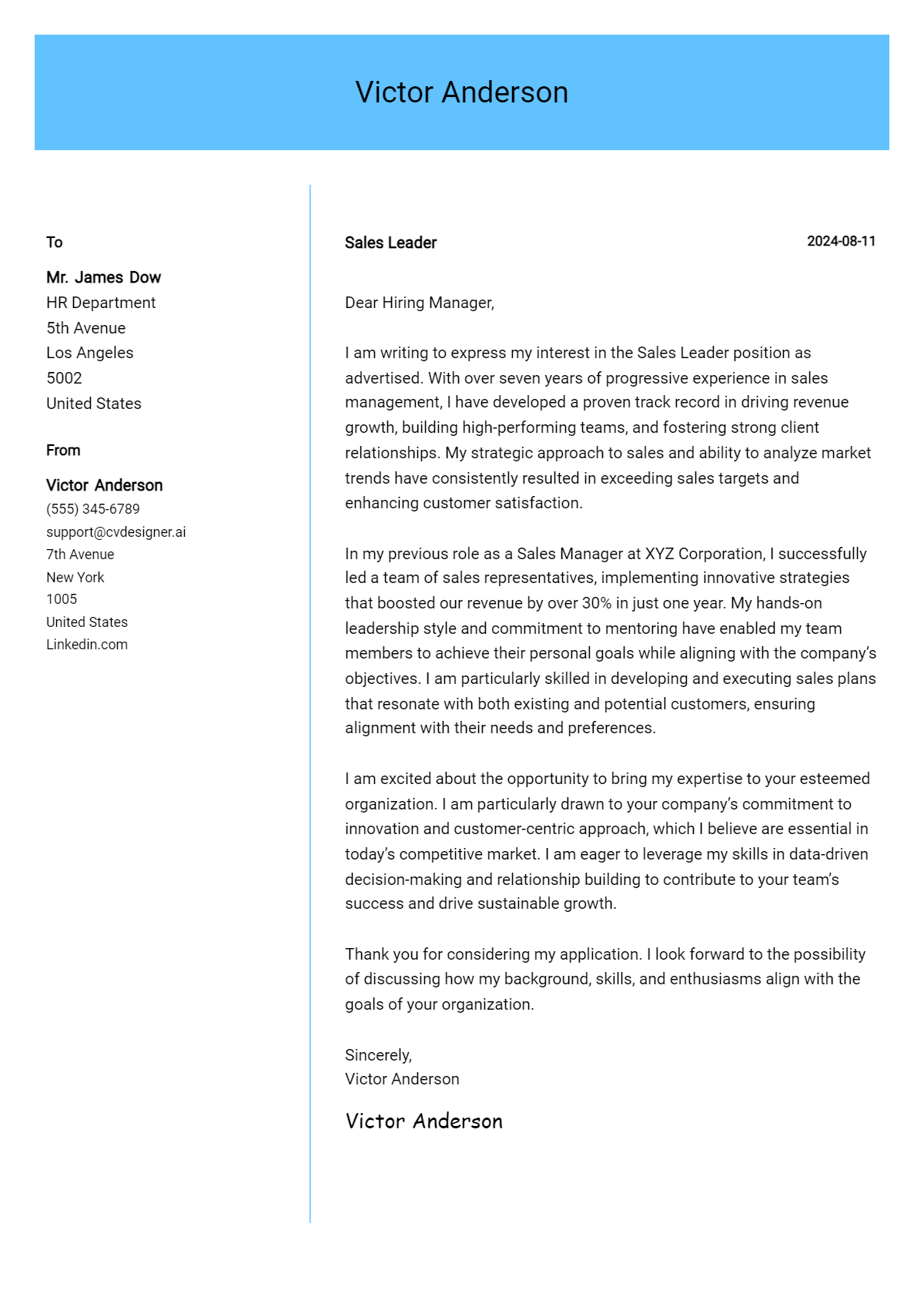 sales leader cover letter example